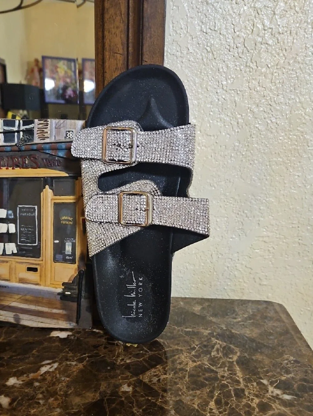 Michael Kors Crystal-Embellished Double-Buckle Slide Sandals - Black Silver